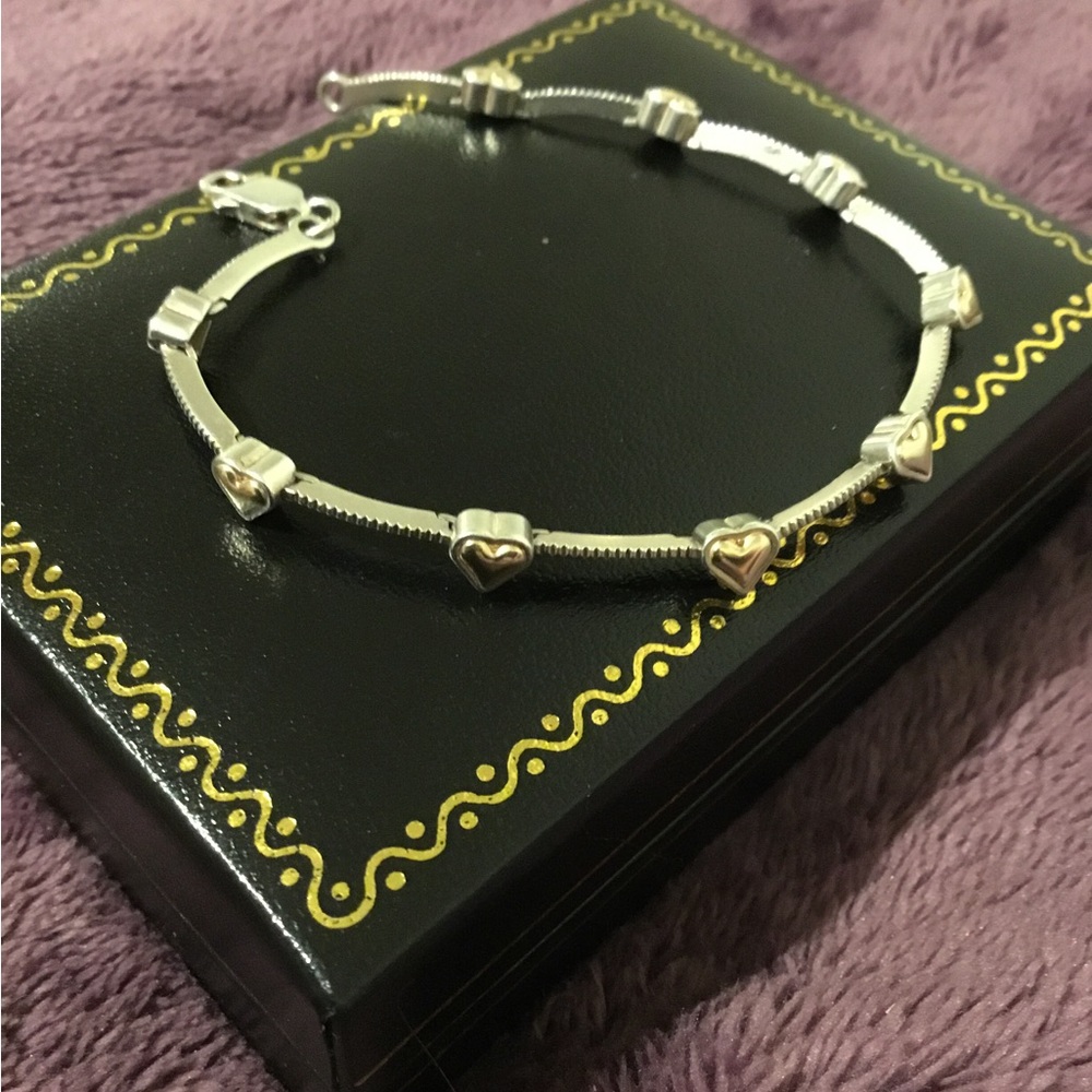 Vintage Sterling Silver & 14K Gold Heart Link Bracelet - Women Jewelry